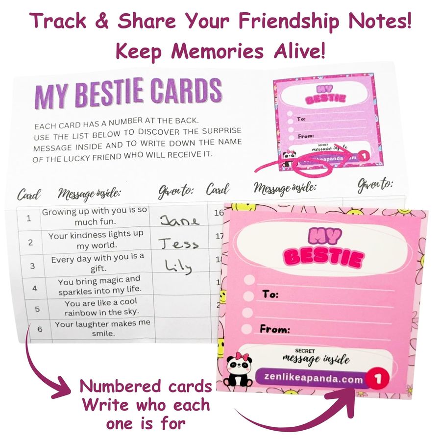 The included tracker sheet, listing card numbers, messages and who each card was given to
